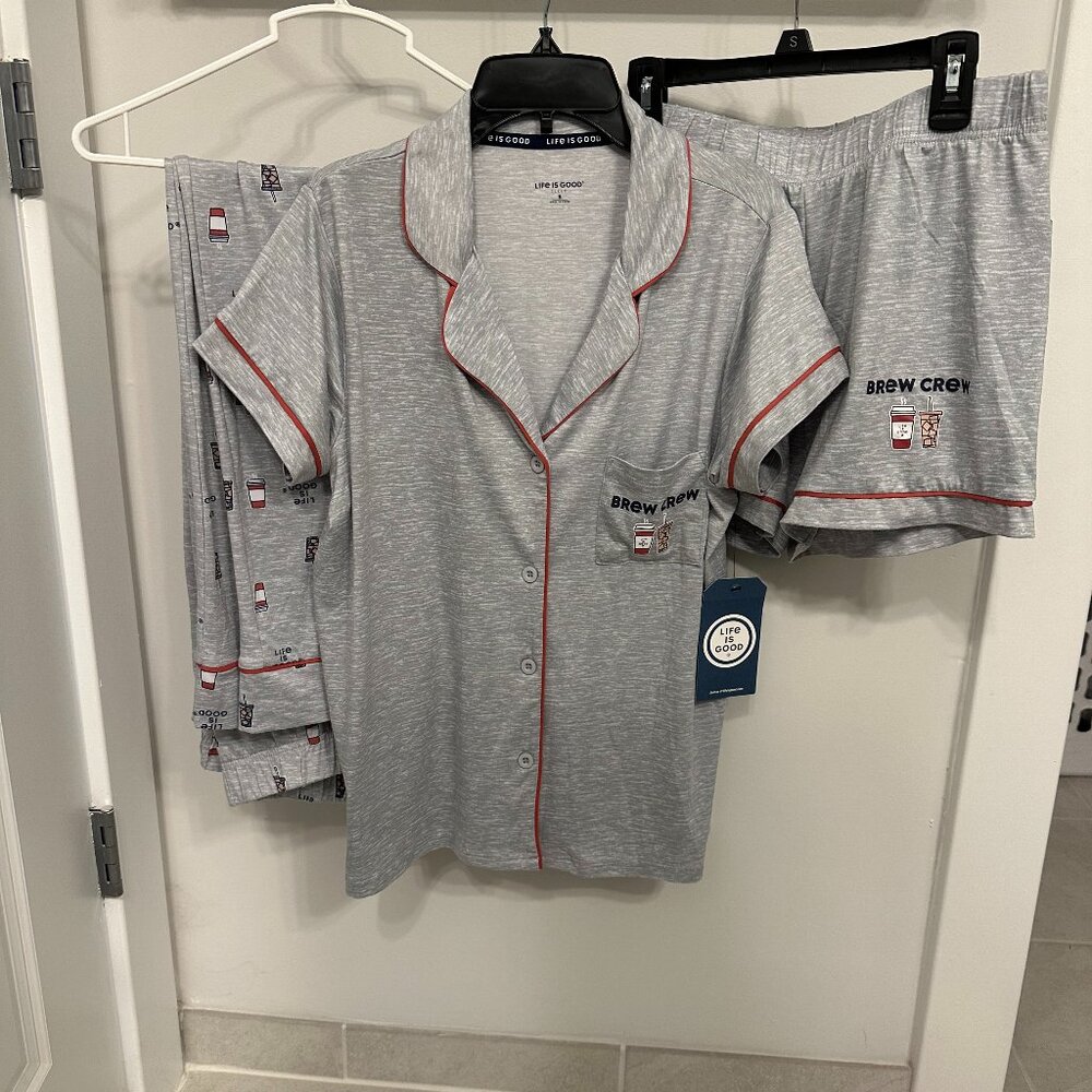 NWT Life is Good Women’s Gray 3-piece Pajamas "Brew Crew", size small
